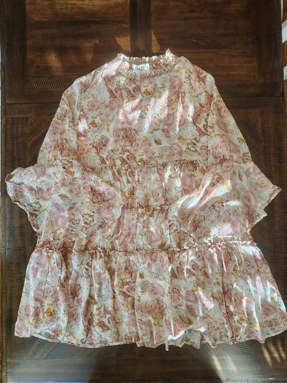 Fleastyle Tiered Sheer Floral Ruffled Bell Sleeves Mini Dress | XL